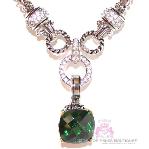 Multi Faceted Throne Room Emerald Green Checker Cushion Cut Two Tone CZ Pendant - Picture 6 of 16